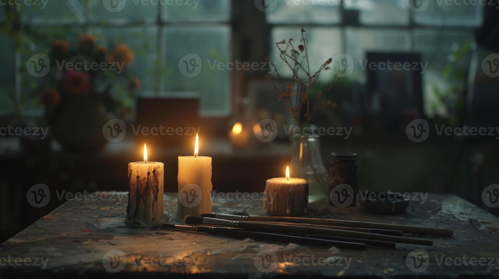 The artists brushes moved fluidly across the canvas their movements guided by the soft light of the candles that filled the garden workshop. 2d flat cartoon photo