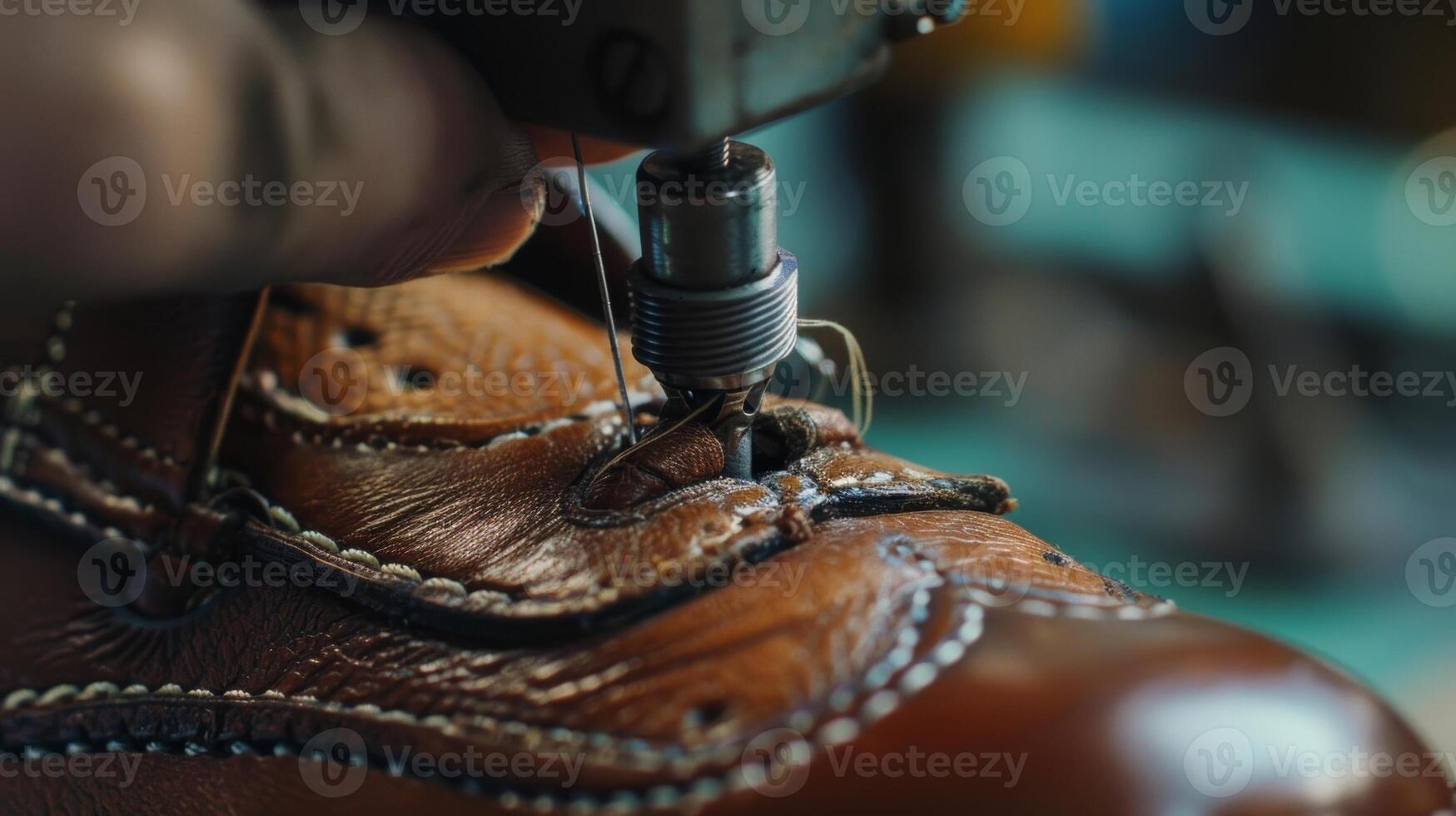 The delicate process of attaching the upper to the sole of a shoe using small precise stitches photo