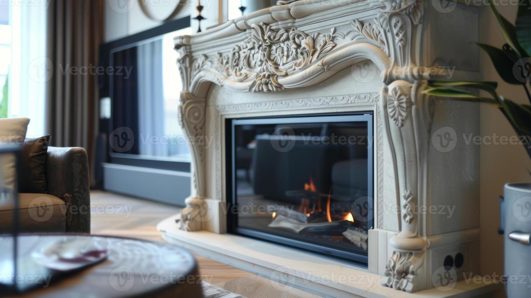 The elaborate fireplace features intricate detailing adding a touch of elegance to the modern room. 2d flat cartoon photo