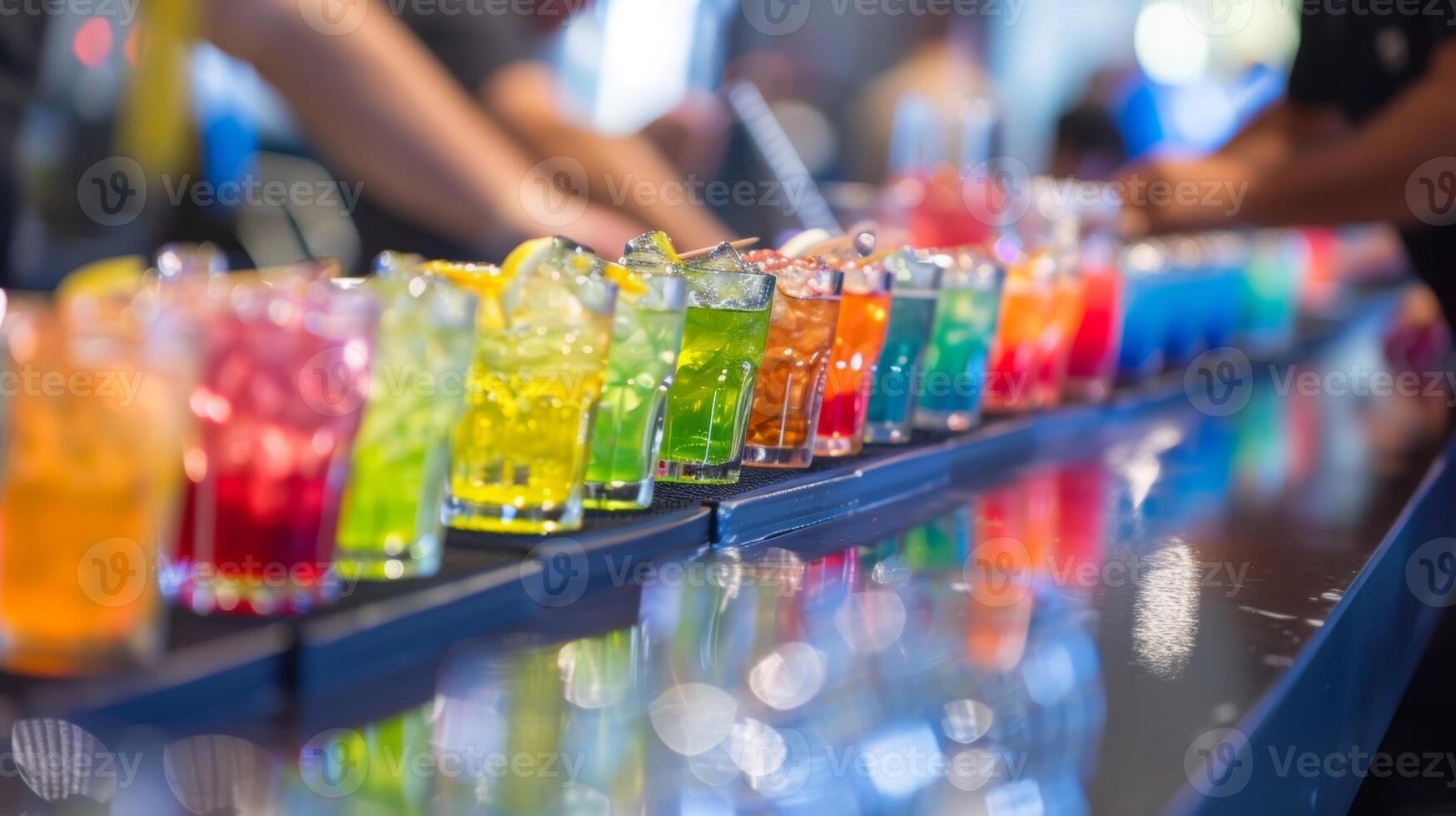 A line of graduates wait to get their mocktails custommade at a drink station choosing from a variety of colorful and refreshing nonalcoholic options photo