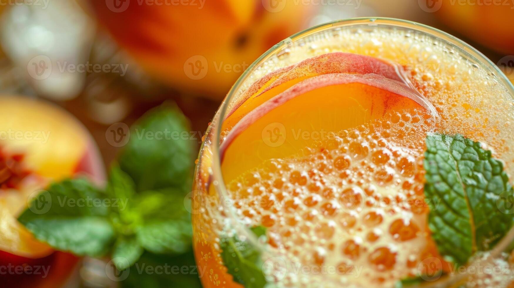 A closeup of a glass filled with cloudy fizzy kombucha adorned with fresh slices of peach and mint leaves photo