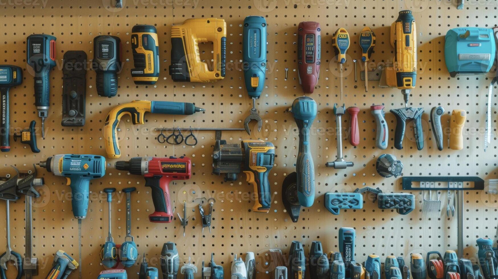 A collection of power tools from a cordless drill to a jigsaw to a circular saw hang neatly on a pegboard ready for use in any home renovation project photo