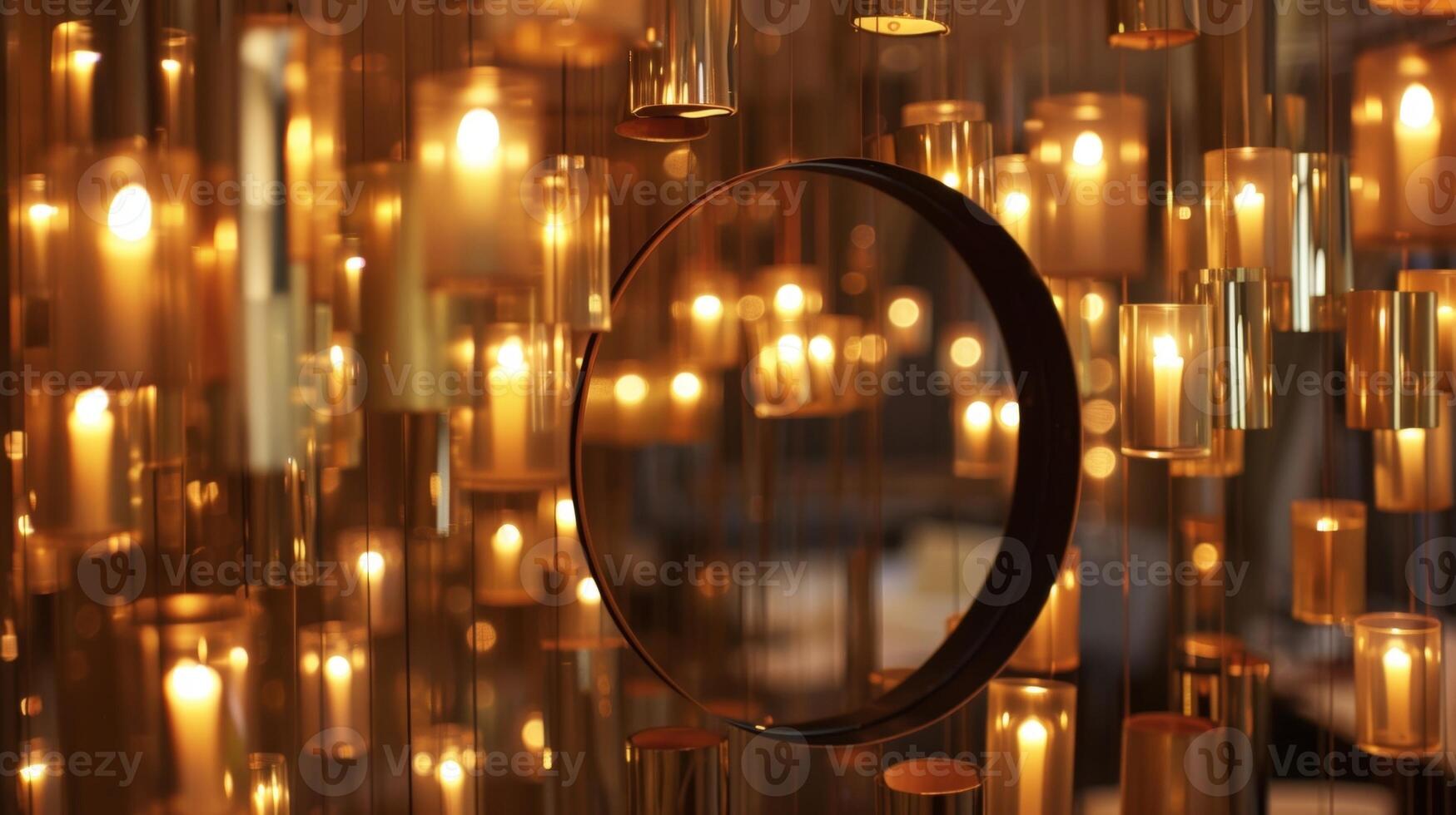 A round mirror is surrounded by an artful display of hanging candle holders creating an enchanting and reflective feature wall. 2d flat cartoon photo