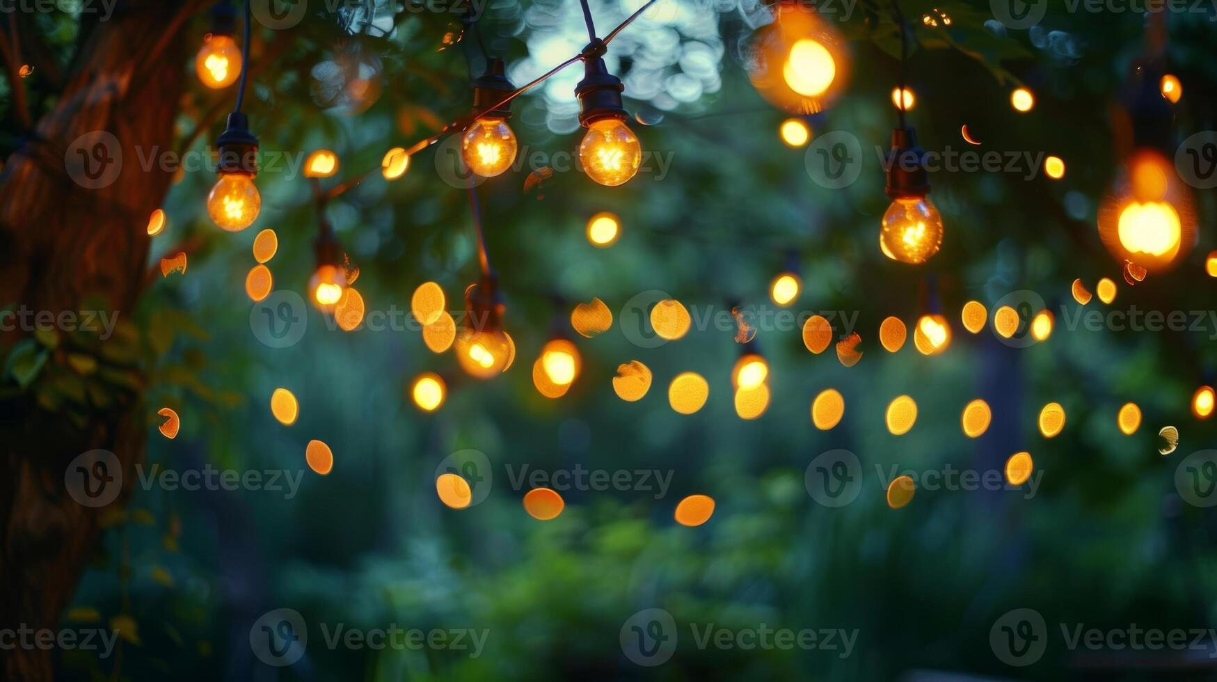 Soft string lights hanging above creating a dreamy atmosphere in the evening air. 2d flat cartoon photo