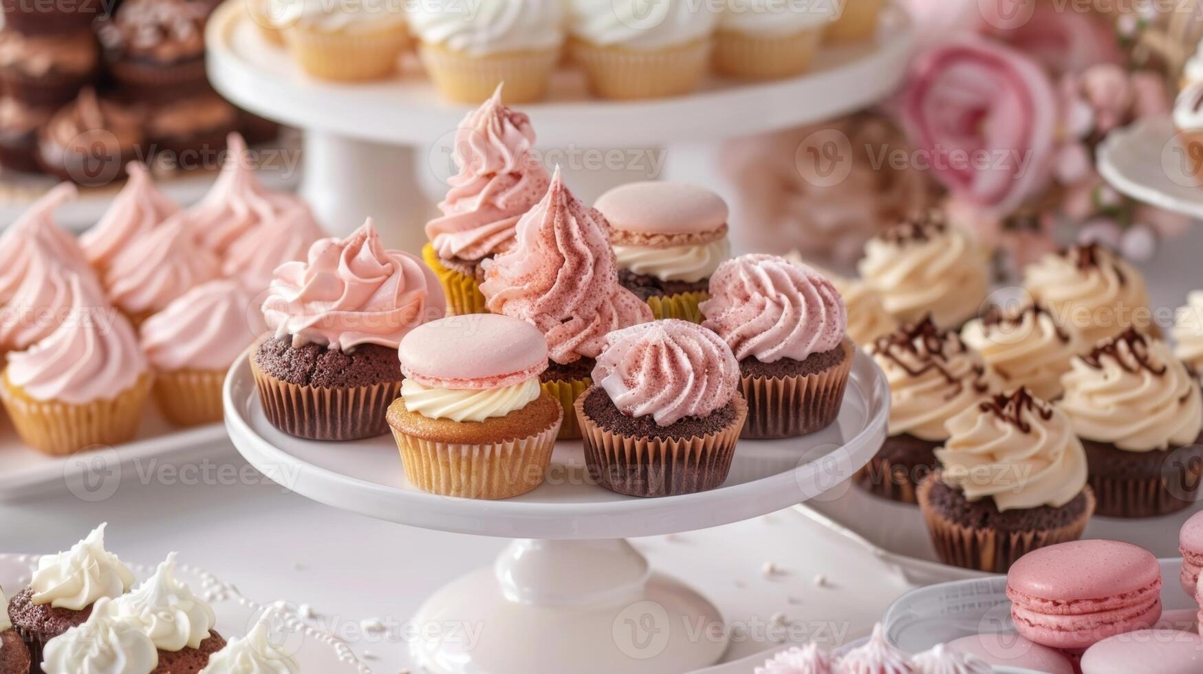 A deliciously crafted dessert table featuring a selection of delectable treats such as mini cupcakes macarons and donuts all made without any alcohol photo