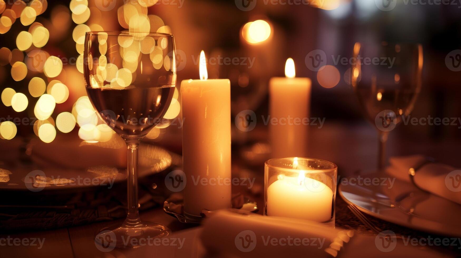 A romantic dinner setting with an LED candle array illuminating the table setting the perfect mood. 2d flat cartoon photo