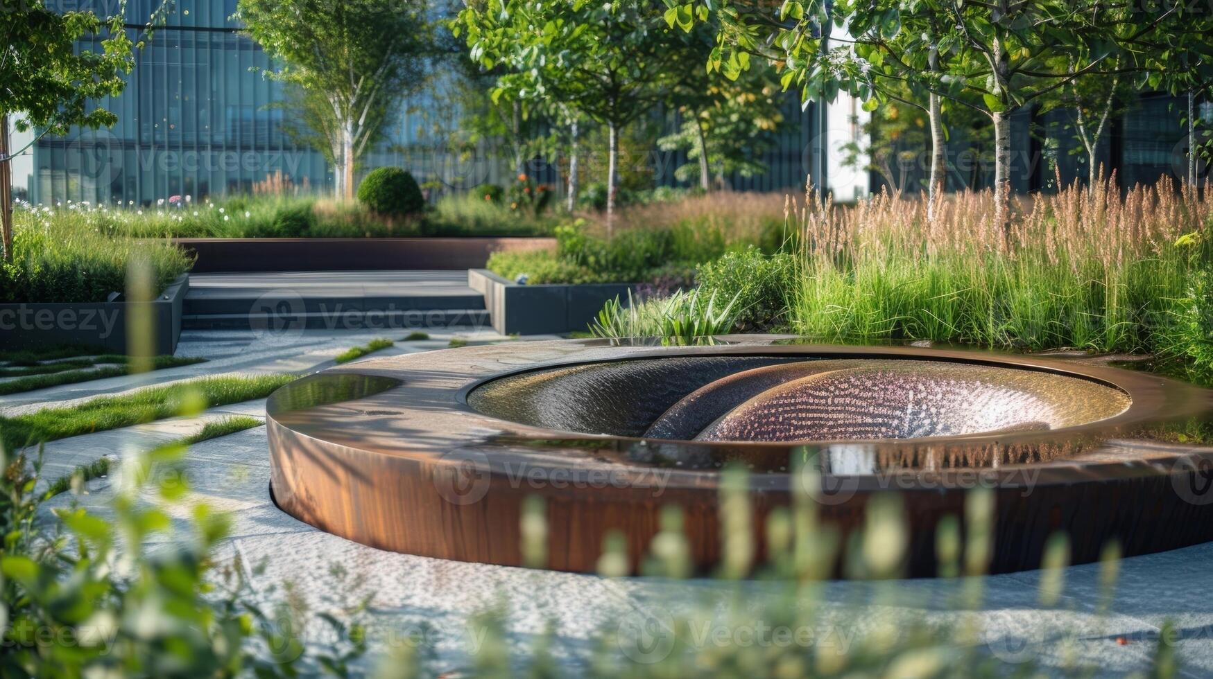 A rooftop garden with a multitiered water feature and a circular fire pit providing a sense of tranquility and warmth. 2d flat cartoon photo