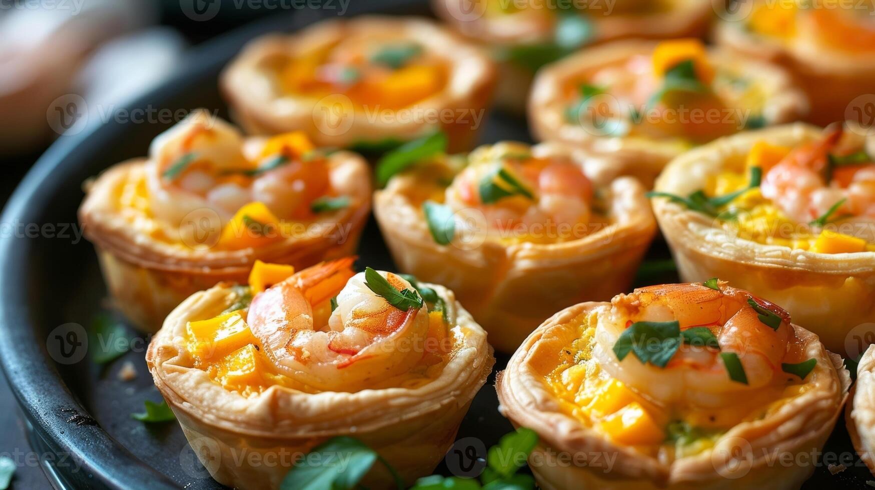 A platter of mini quiches with a tropical twist such as coconut shrimp or mango and brie photo