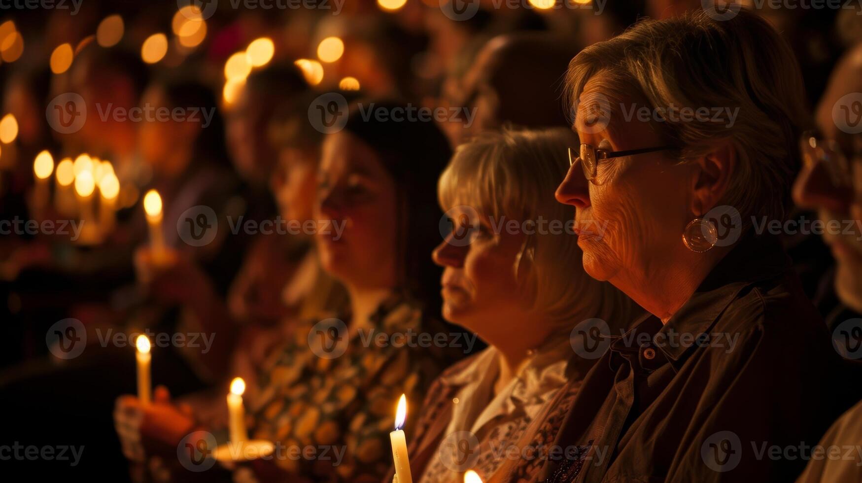 Each audience member holds a candle adding to the enchanting atmosphere of the event. 2d flat cartoon photo