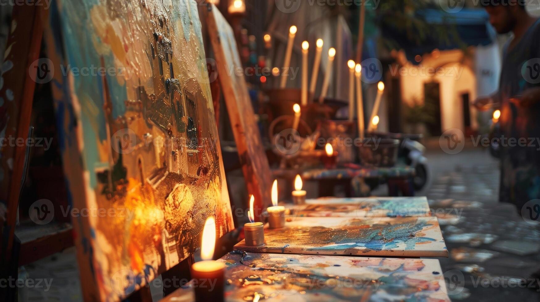 The candles seemed to bring life to the paintings as the artists worked diligently in the courtyard. 2d flat cartoon photo