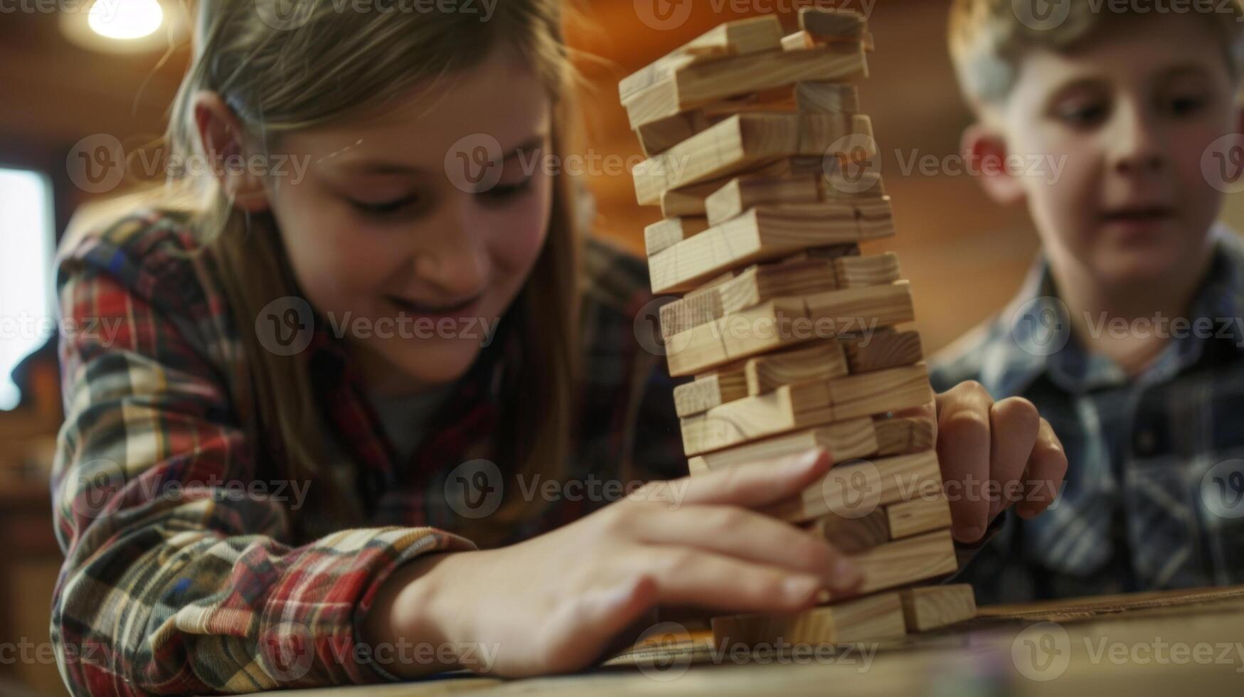 A family member concentrates hard as they try to solve a puzzle as quickly as possible in a timed game of Jenga photo