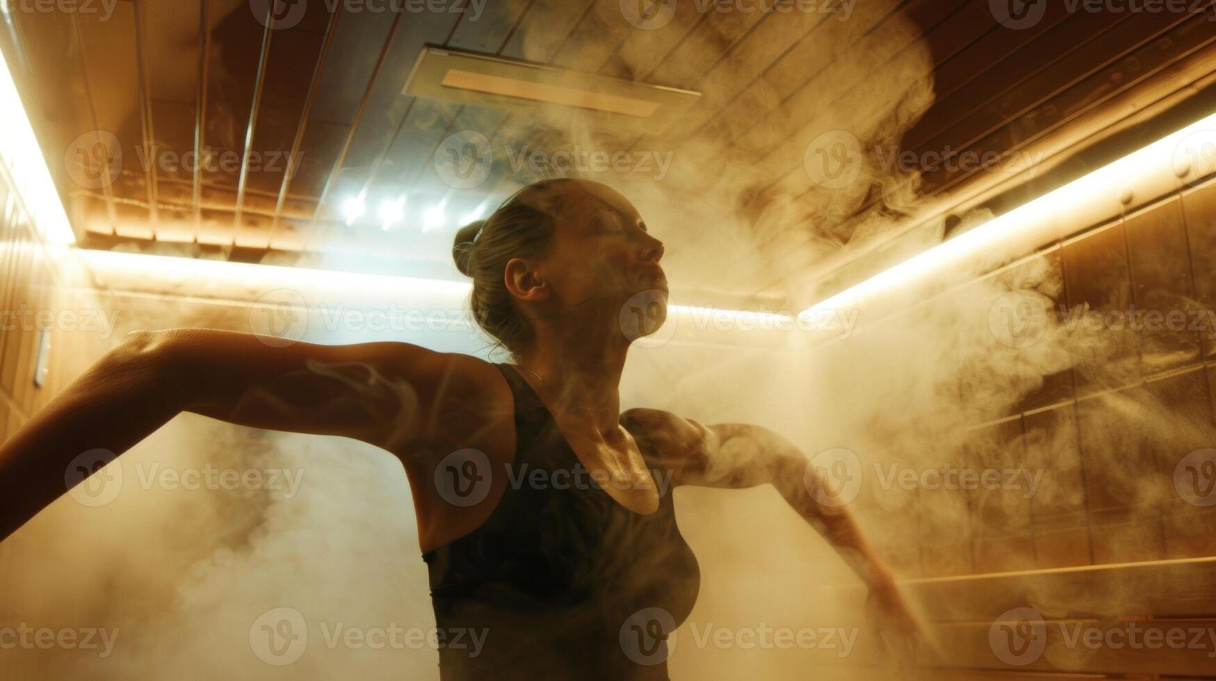 The steamy air of a sauna surrounds a person as they stretch their arms loosening their tight back muscles. photo
