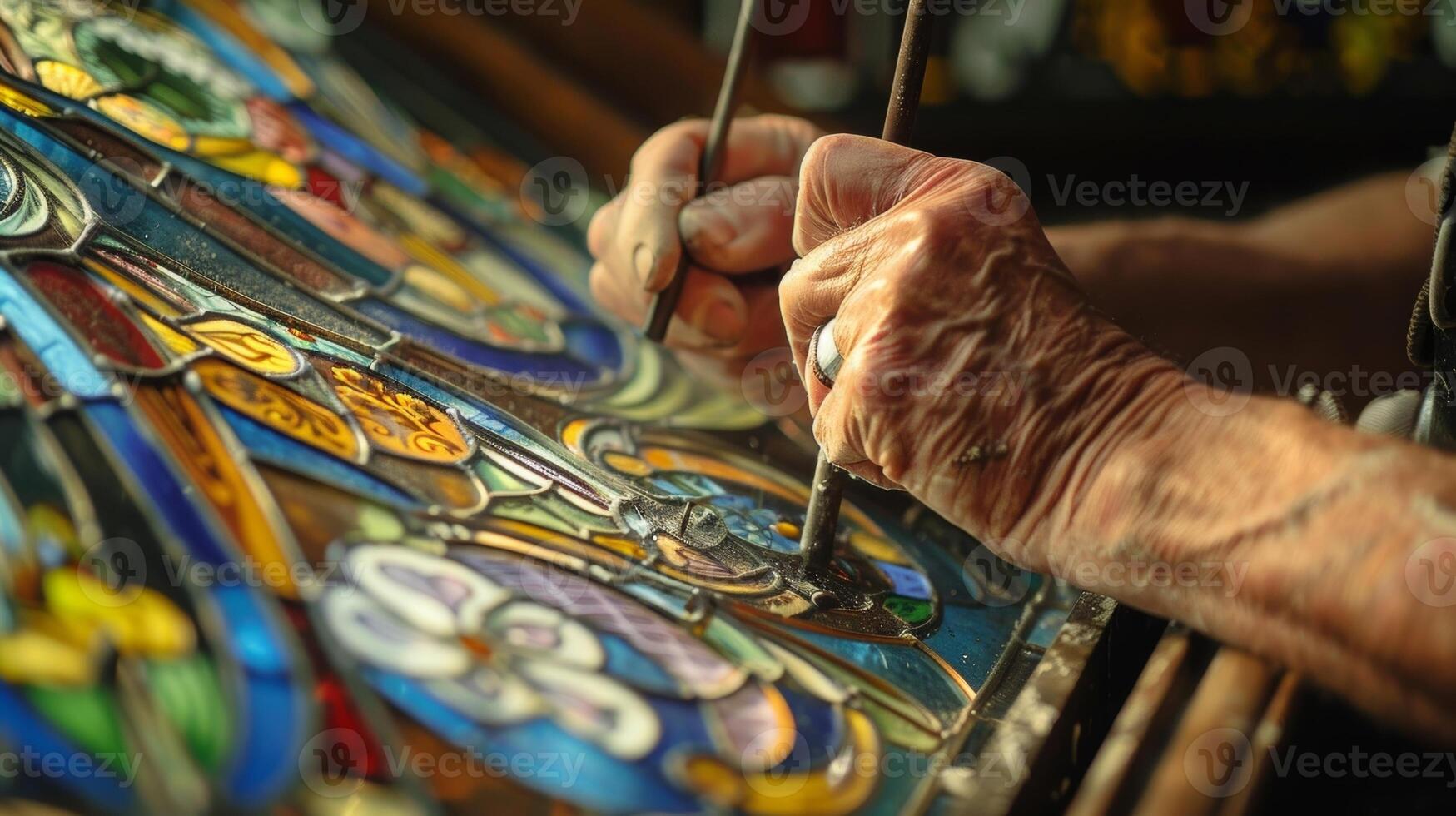 Using traditional tools and techniques craftsmen are meticulously repairing the intricate stained glass patterns of a grand old cathedral photo