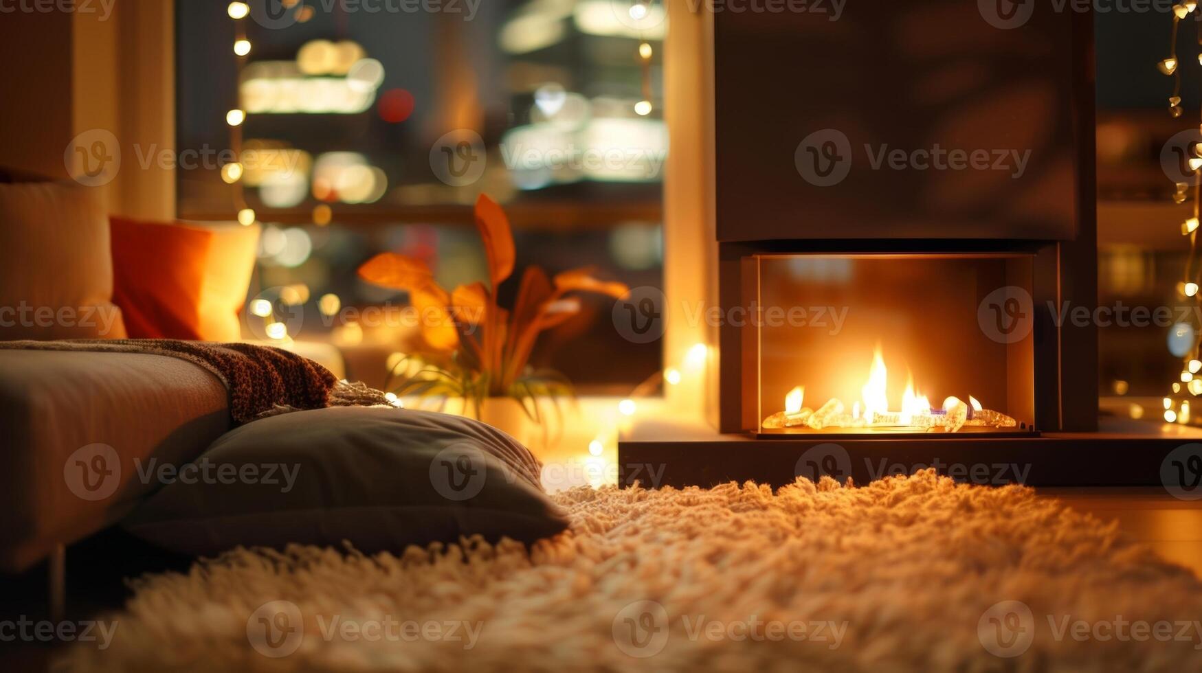 A cozy reading nook with a bioethanol fireplace at its center offering both warmth and style for hours of relaxation and escapism. 2d flat cartoon photo