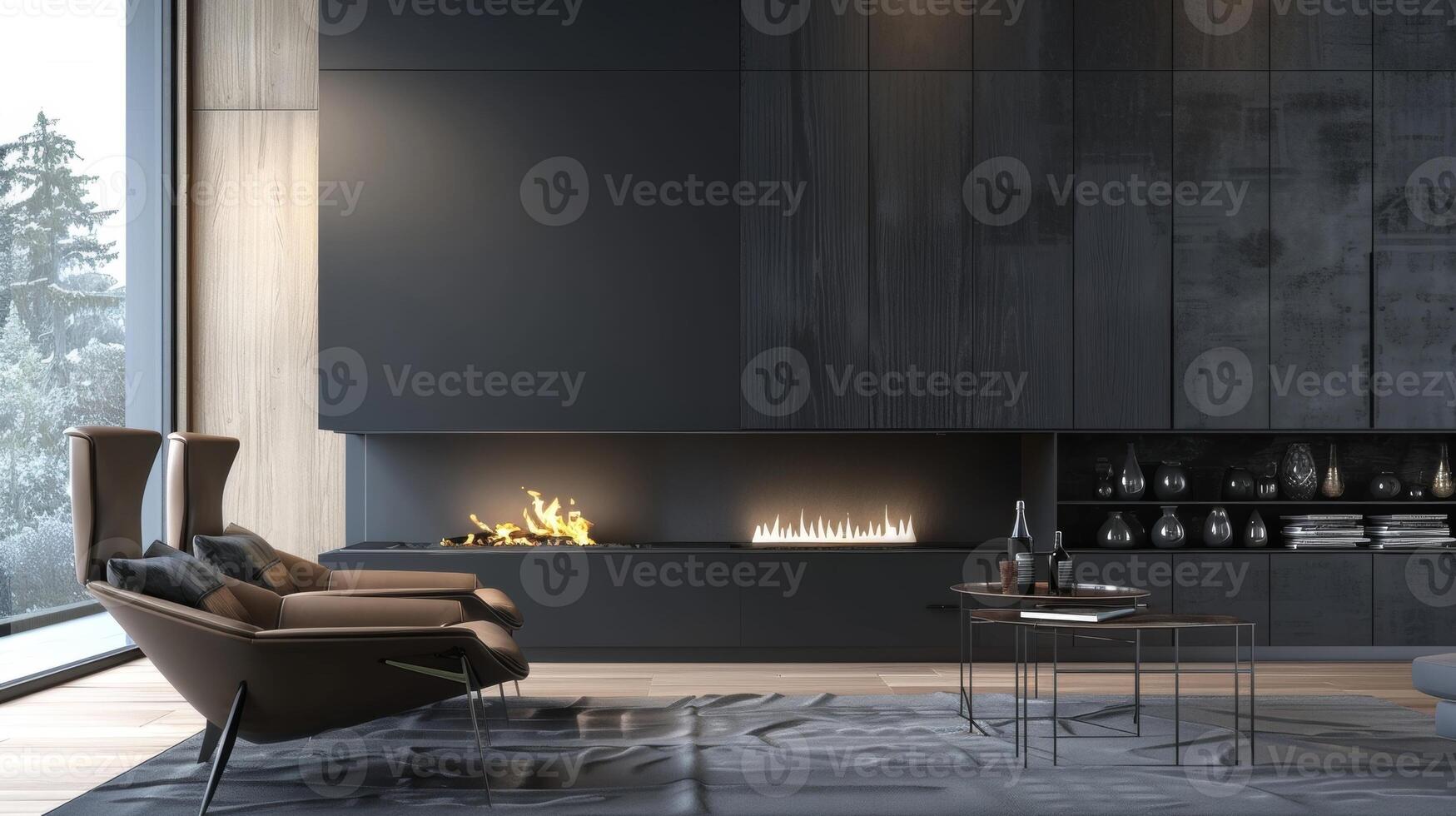 Complete with a sleek black mantel and builtin storage this contemporary fireplace adds both functionality and style to this modern living room. 2d flat cartoon photo