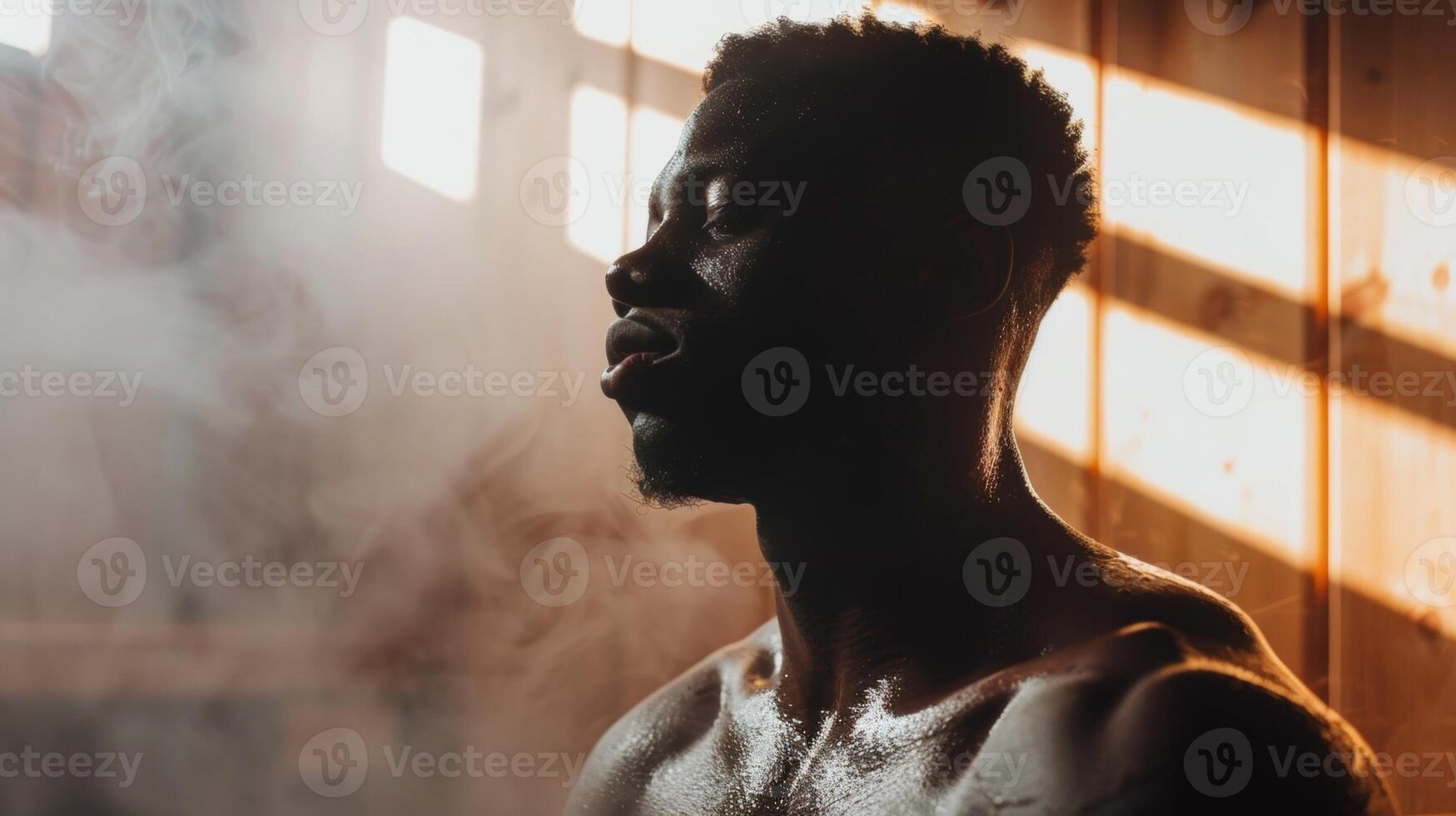 A wrestler sits in a sauna his eyes closed as he focuses on his breathing and prepares his body for the physical demands of his sport. photo