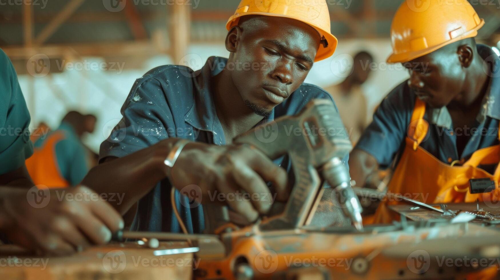 The trainer demonstrates the correct way to use power tools while the trainees diligently follow along and practice their skills photo