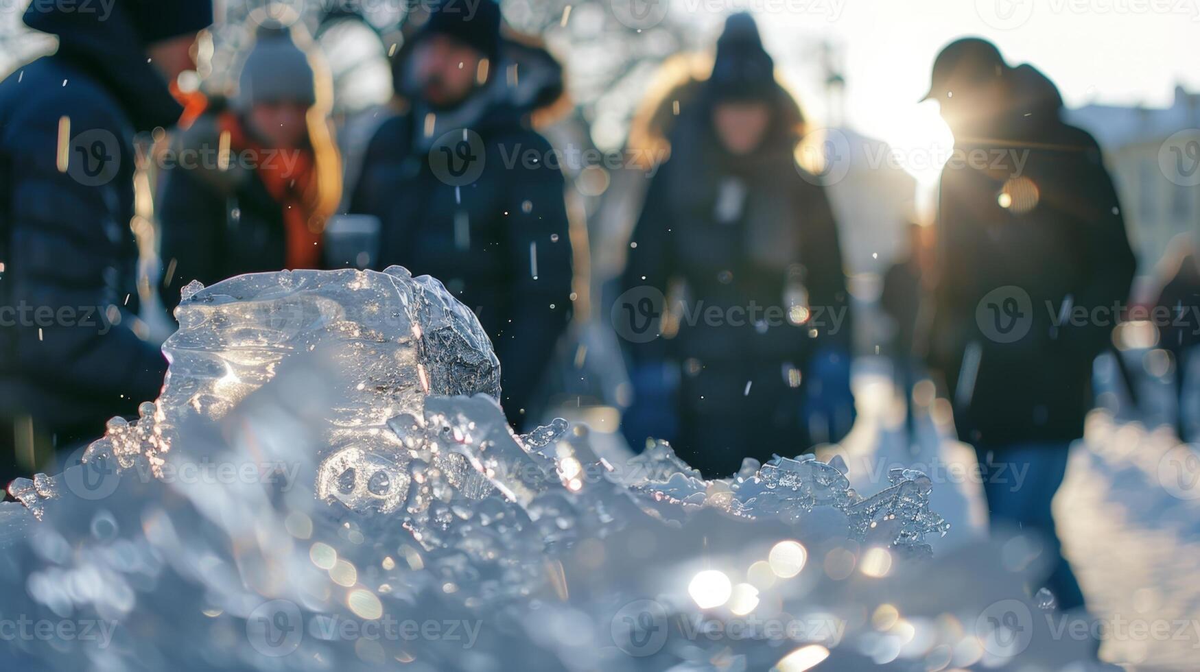 A group of people huddled around a large block of ice their breath visible in the frosty air. 2d flat cartoon photo