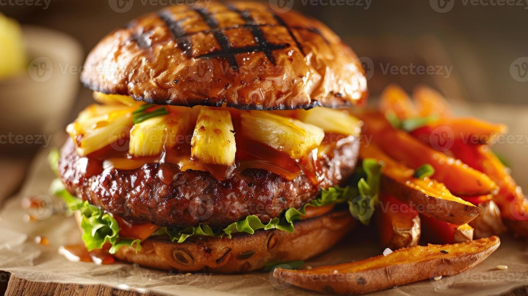 A gourmet burger featuring a pineapple and teriyaki glaze on a juicy beef patty served with a side of sweet potato fries photo