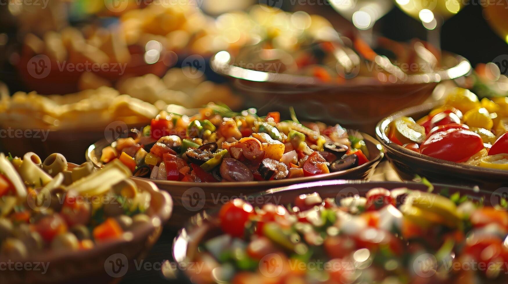 un surtido de Agua en la boca tapas llena el mesa Proporcionar el Perfecto acompañamiento para un noche de apasionado salsa bailando y animado conversacion foto