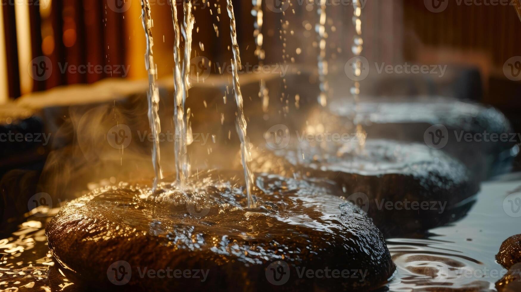 A person pouring water onto hot rocks in a sauna creating a humid and healing environment for migraine sufferers. photo
