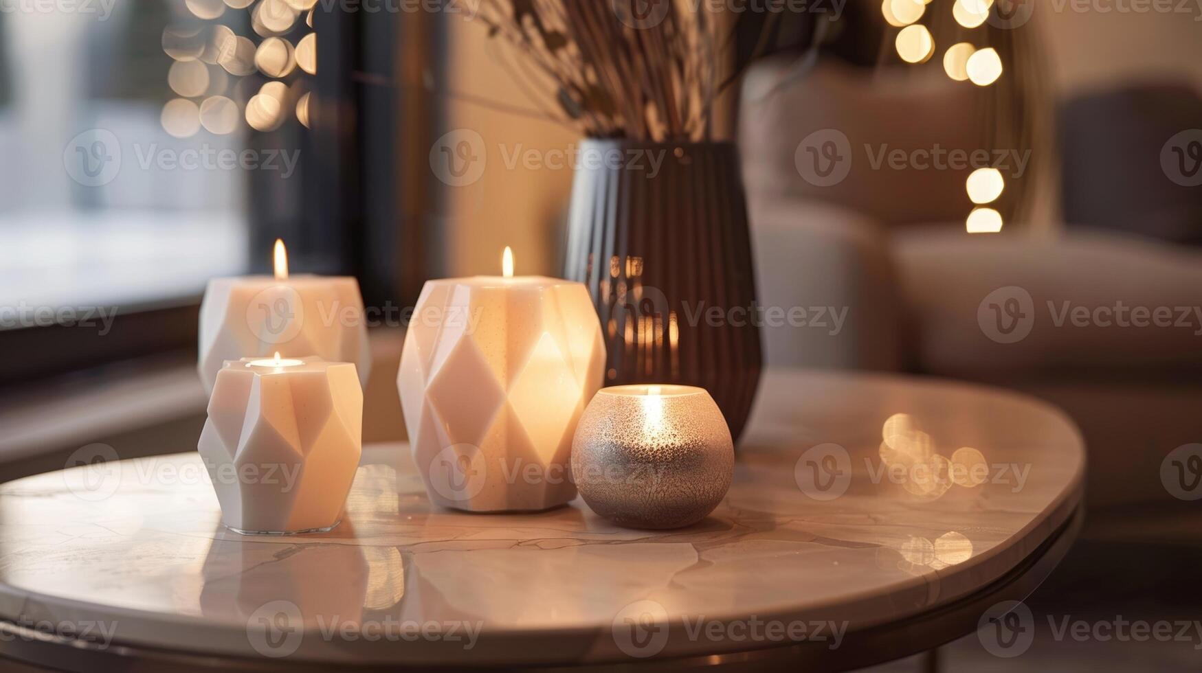 un pulcro y elegante consola mesa es el Perfecto fondo para un único arreglo de geométrico velas agregando un toque de moderno elegancia a el habitación. 2d plano dibujos animados foto