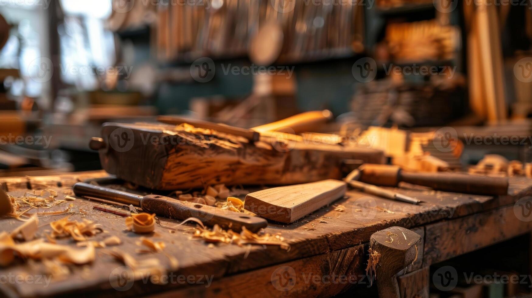 A variety of wood pieces and tools are laid out on the tables ready to be carved and shaped with the help of the warm firelight. 2d flat cartoon photo