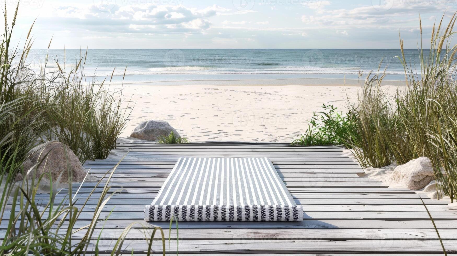Blank mockup of a classic striped yoga mat on a wooden boardwalk by the beach. photo