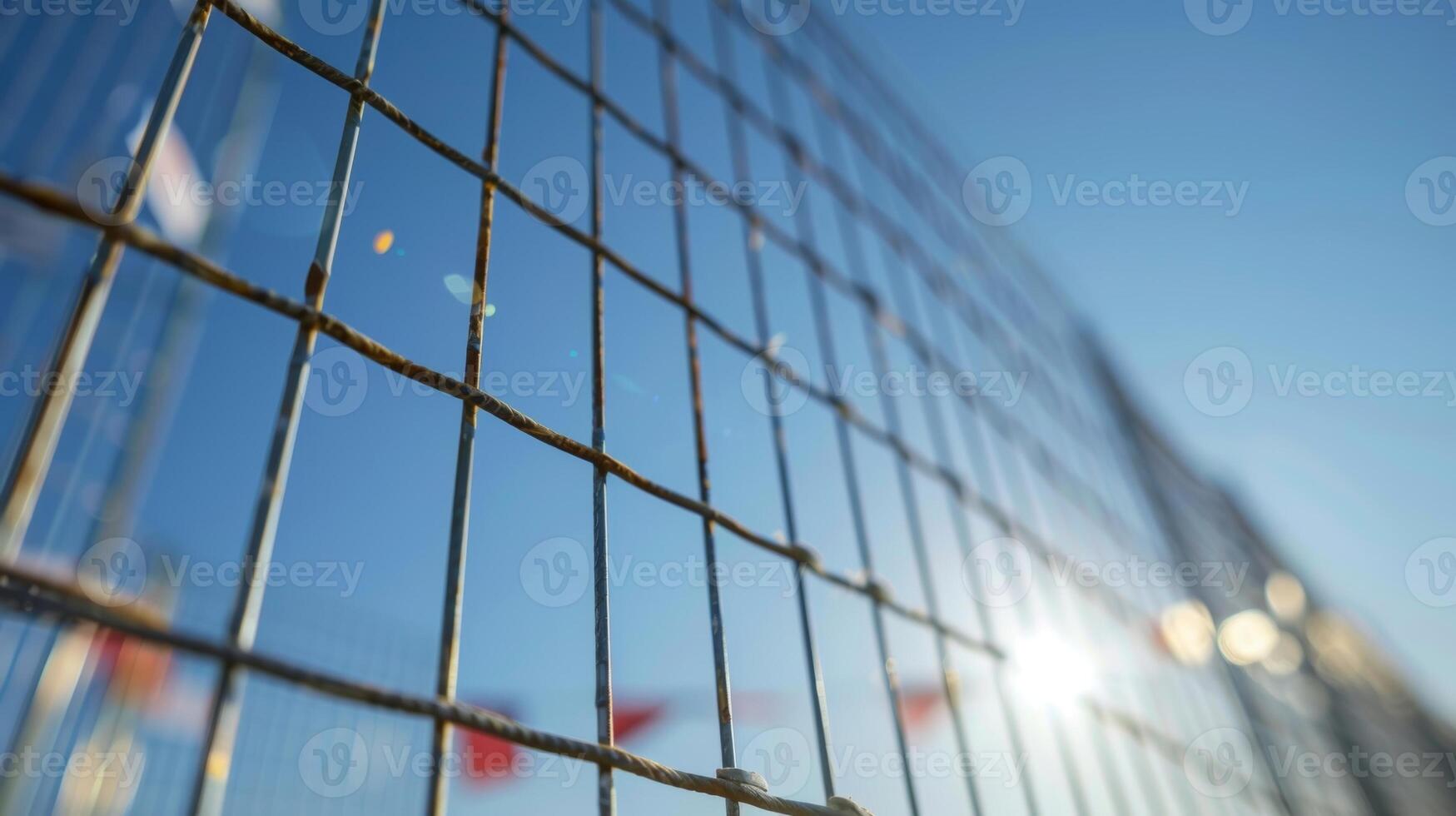 un bajo ángulo Disparo de un metal panel cerca cubierto en oficial construcción avisos en pie alto en contra un claro azul cielo foto