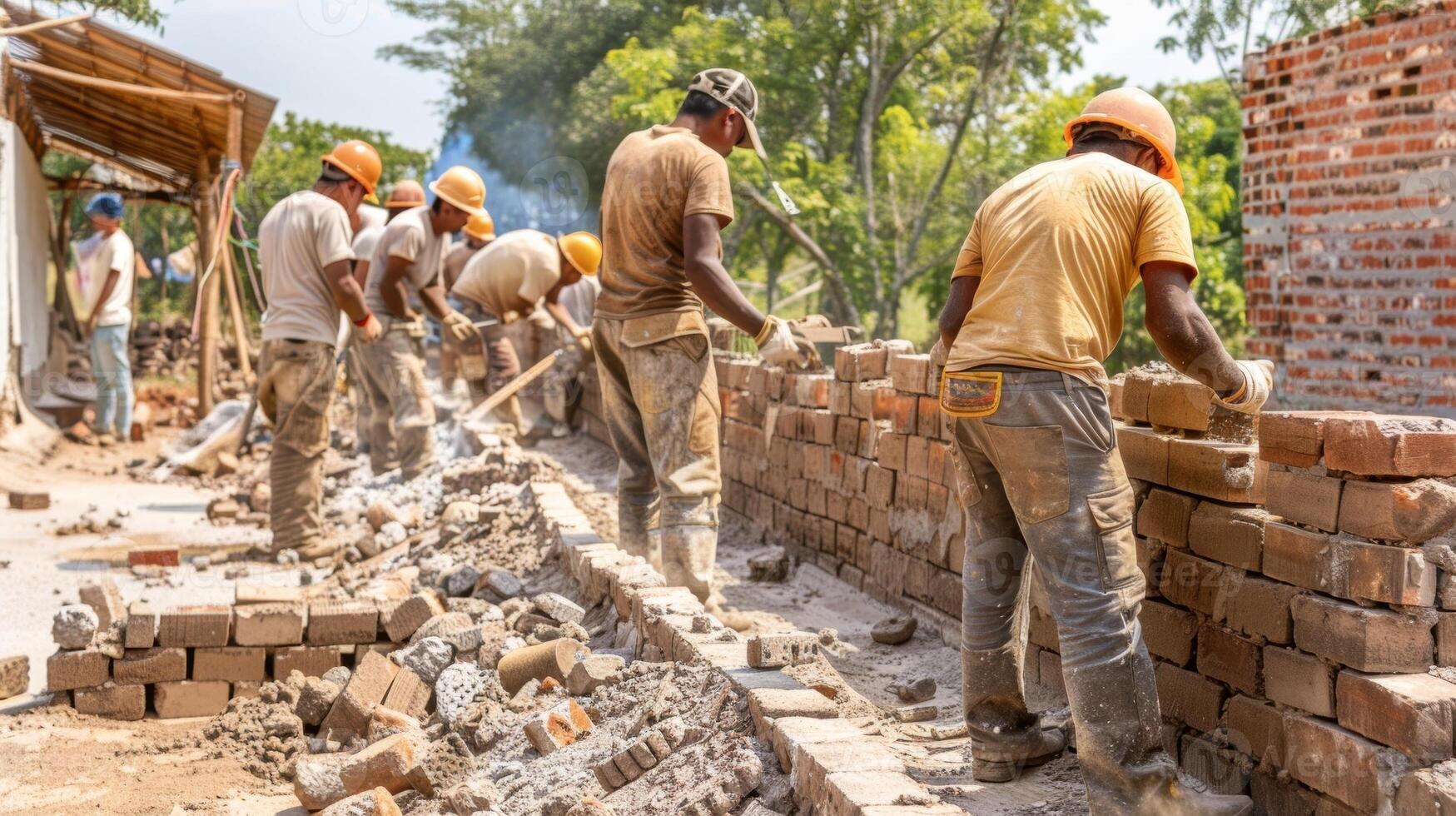 un línea de dedicado albañiles trabajando lado por lado creando un nuevo ladrillo estructura foto