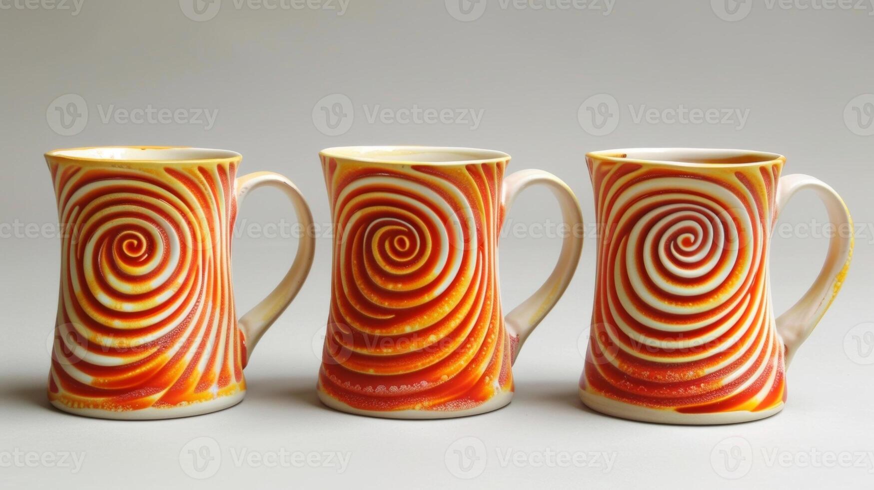 A set of mugs with swirling patterns of bright orange and yellow resembling a fiery sunset and achieved through precise soda firing techniques. photo
