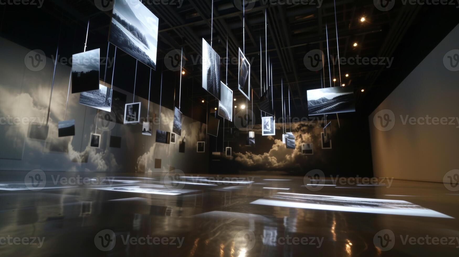 One room of the gallery features a series of photographs suspended from the ceiling giving the illusion of floating photo