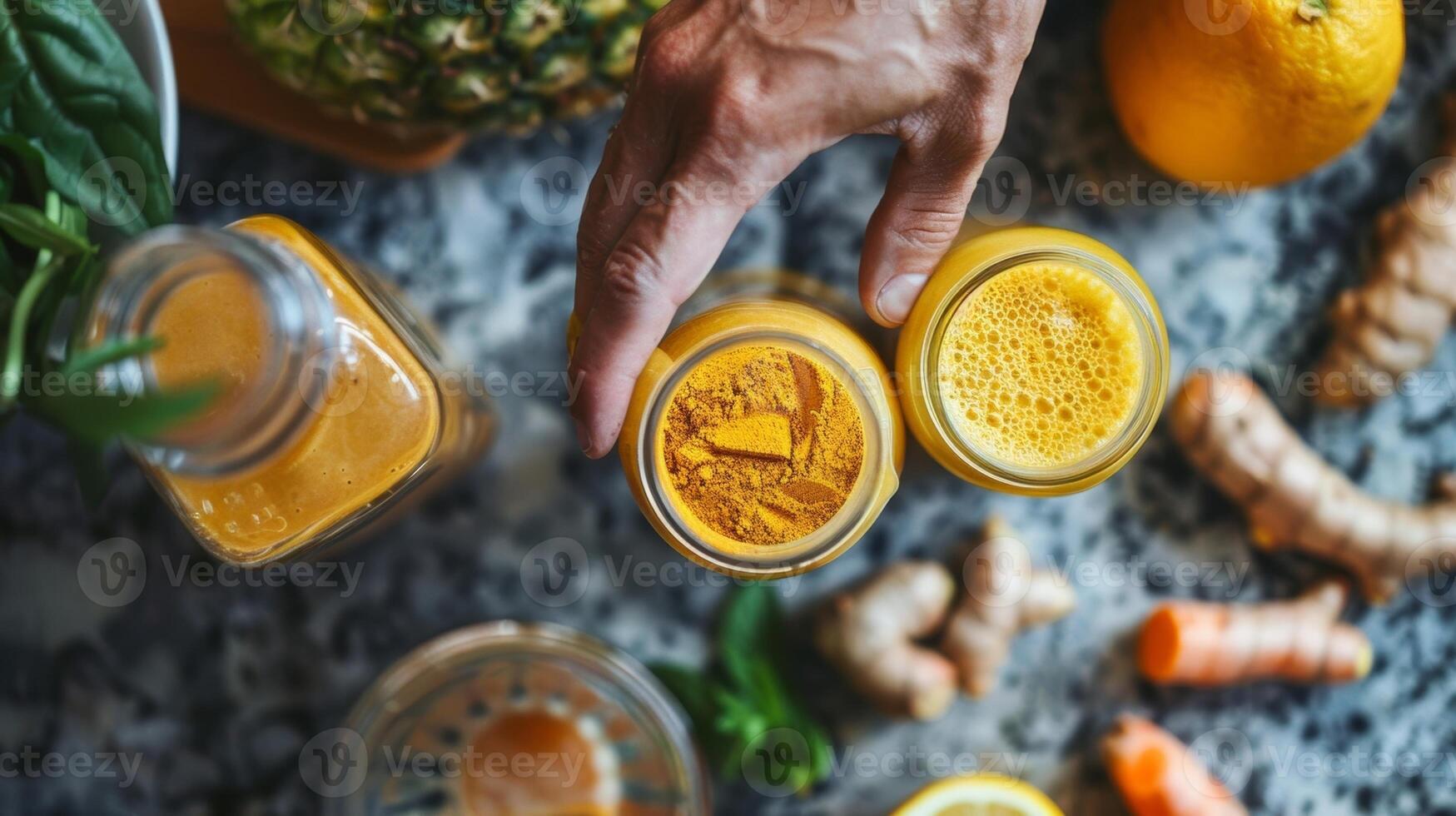 A hand reaching for a jar of turmeric used to give the smoothies an added boost of antiinflammatory benefits photo