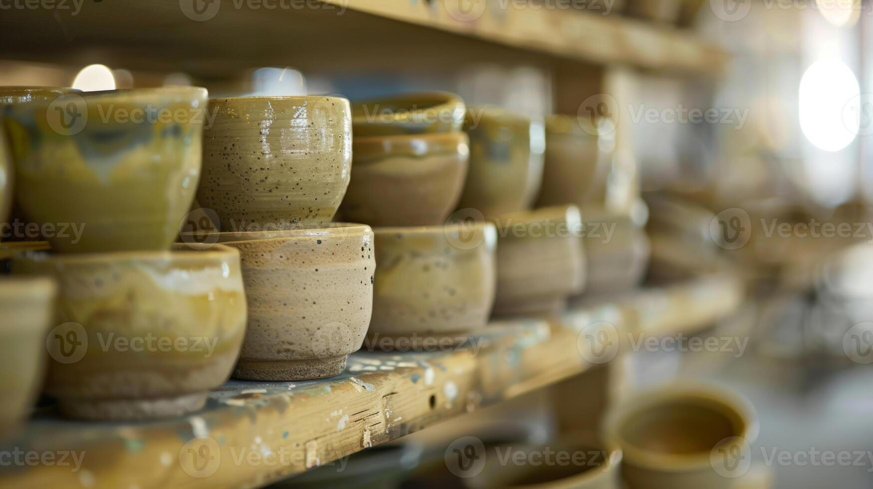 A heatresistant kiln shelf filled with recently fired ceramic pieces each one a beautiful and unique creation. photo