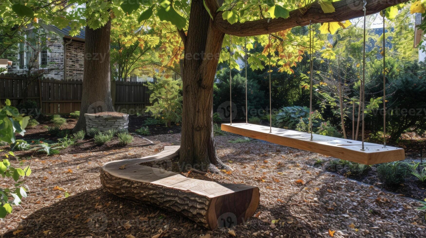 A tree swing and balance beam added to the backyard for some old school outdoor play and exercise photo