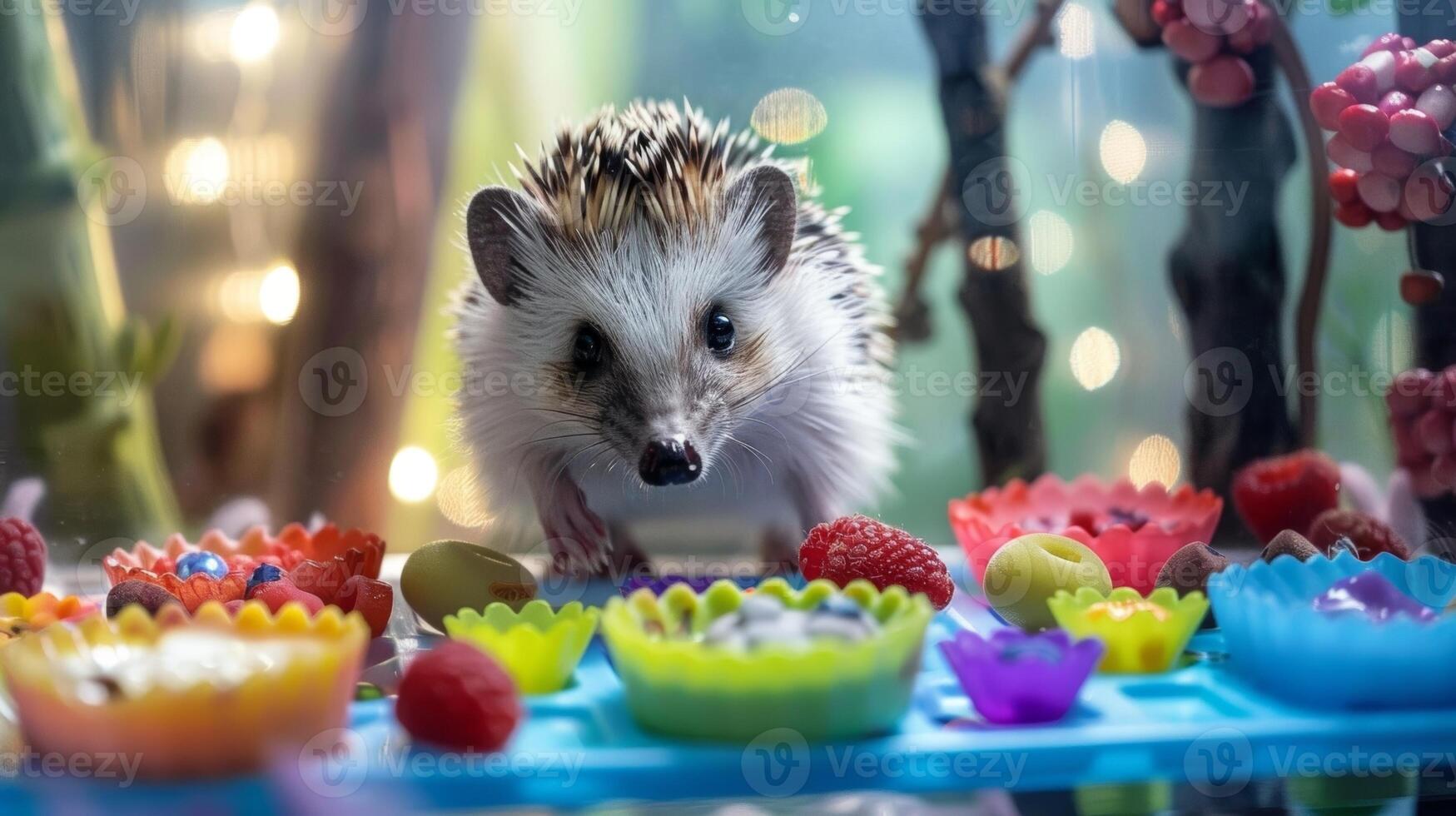 A happy hedgehog exploring a tray of colorful treats including blueberry facials and berryscented paw balms photo