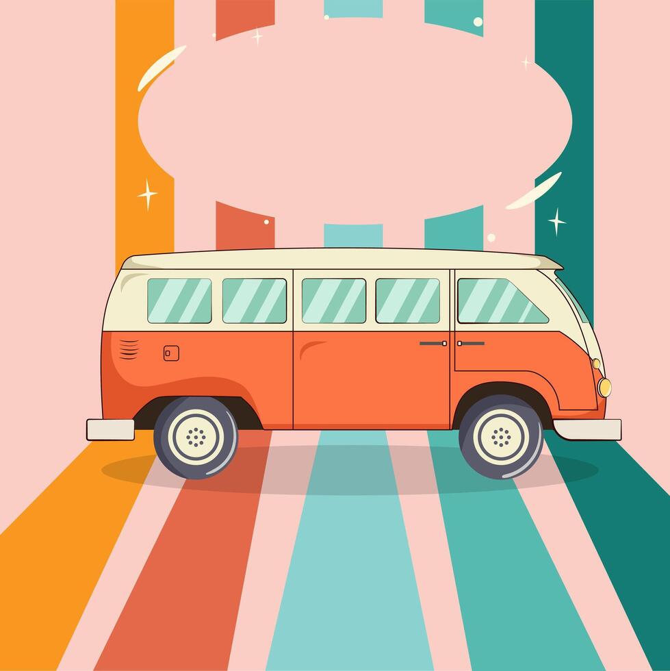 poster of minivan with lines, 70s background, 80s retro elements, illustration vector