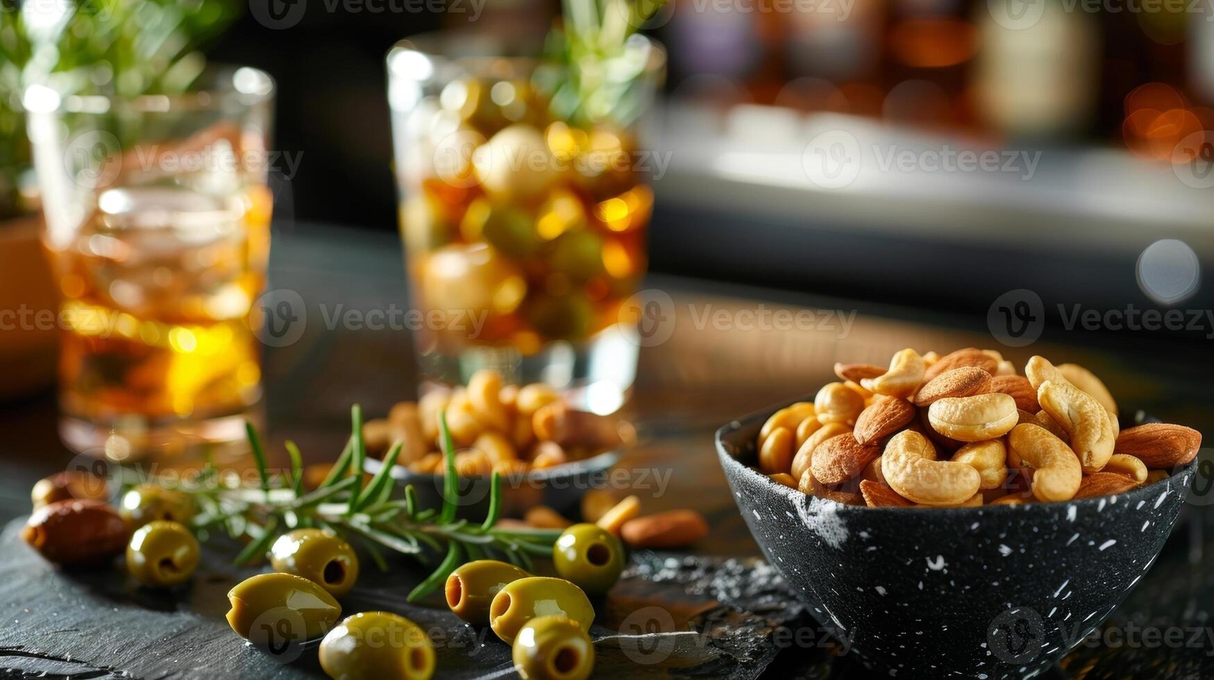 A tasteful display of bar snacks such as gourmet mixed nuts and olives to accompany the drinks photo