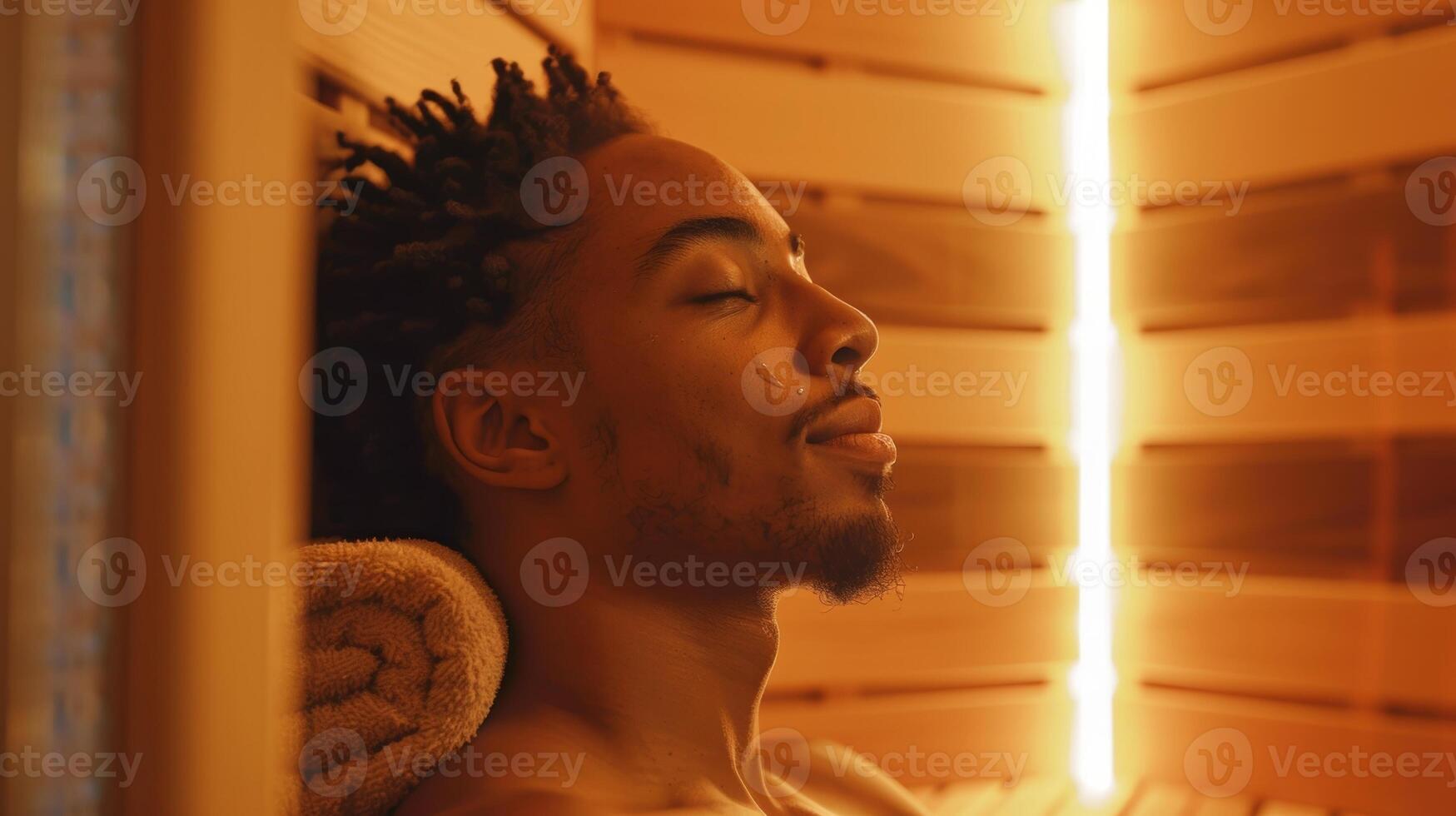A peaceful expression on their face the individual closes their eyes and takes deep calming breaths in the saunas heat. photo