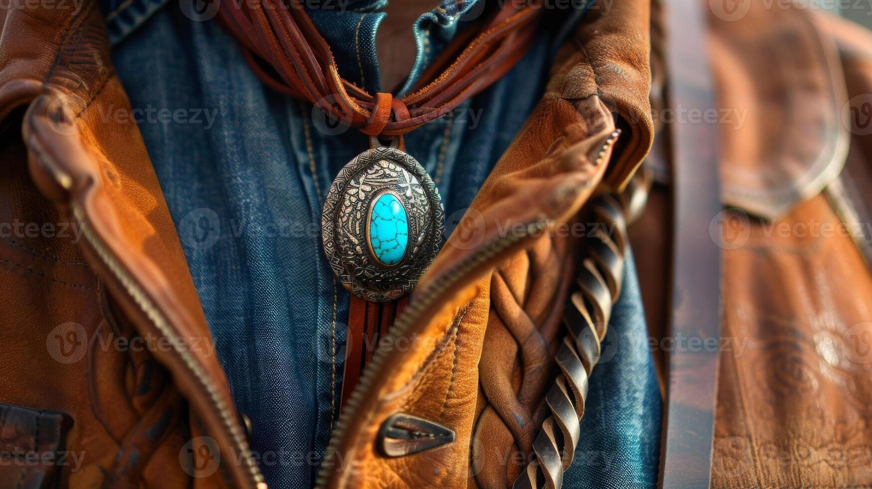 A man wearing a handcrafted leather bolo tie intricately tooled and featuring a striking turquoise stone as its centerpiece photo