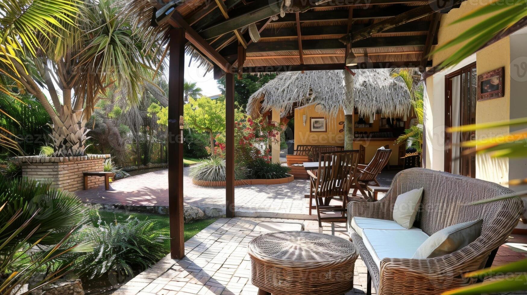 An inviting outdoor seating area is shaded by a thatched roof perfect for enjoying your ice cream in the sunshine photo
