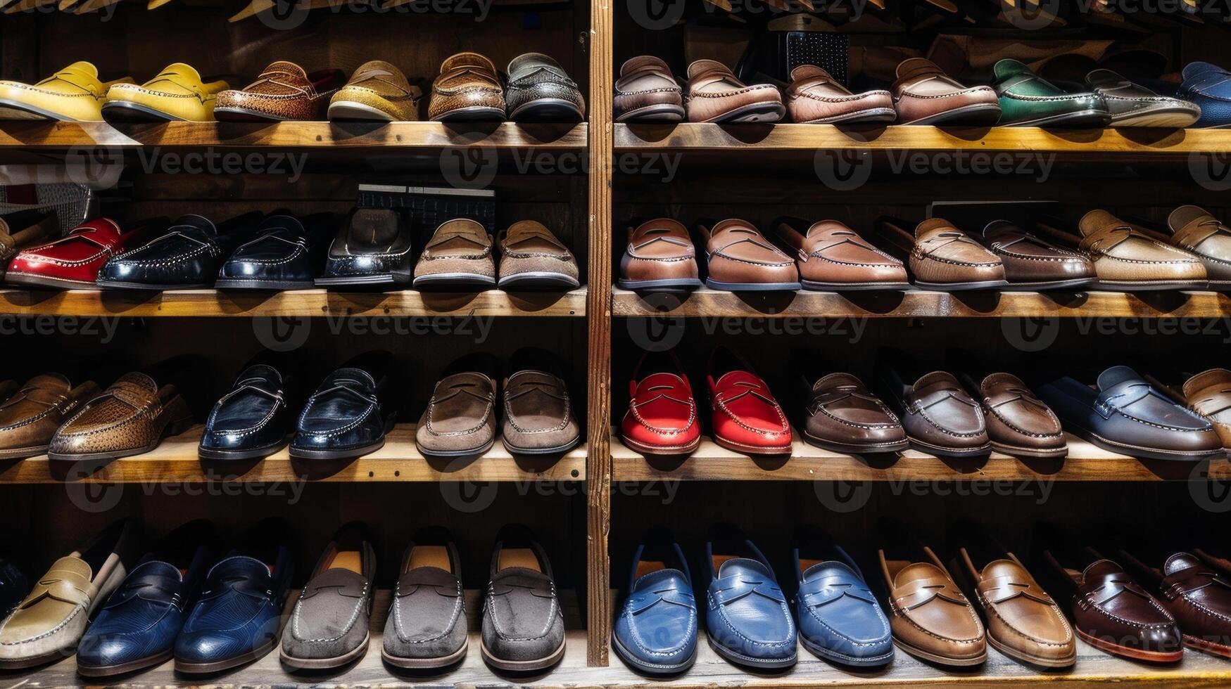 An organized shelf of loafers showcases the variety of colors and materials used in their creation photo