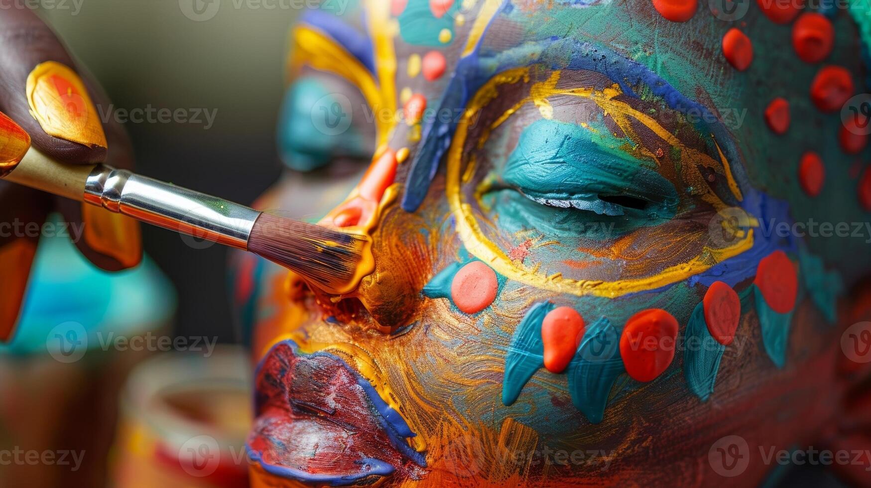 A paintbrush delicately adding colorful details to a finished clay figurines face. photo