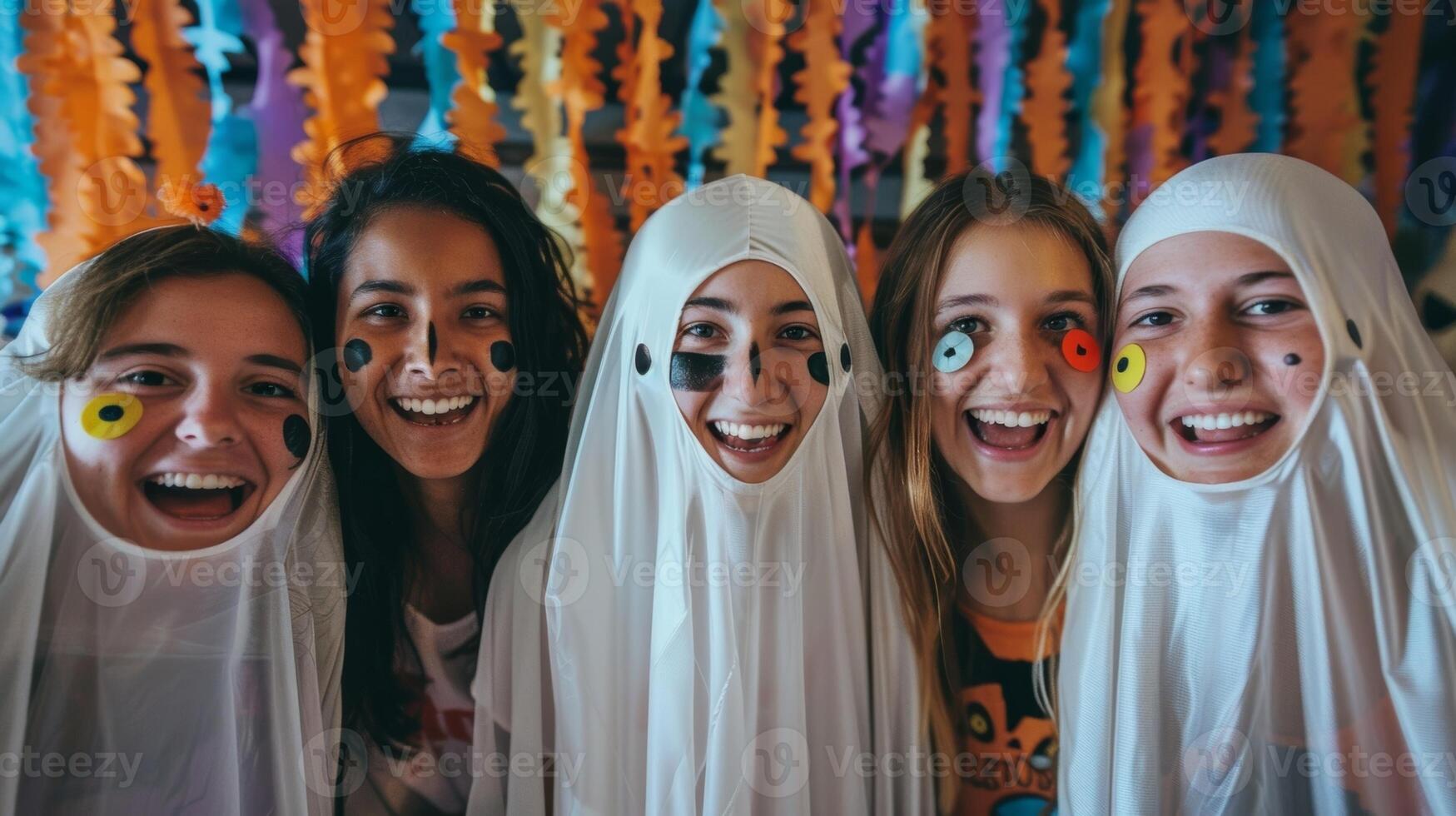 A group of friends pose for a photo in front of a Halloweenthemed photo booth wearing creative costumes such as a ghost sheet with googly eyes