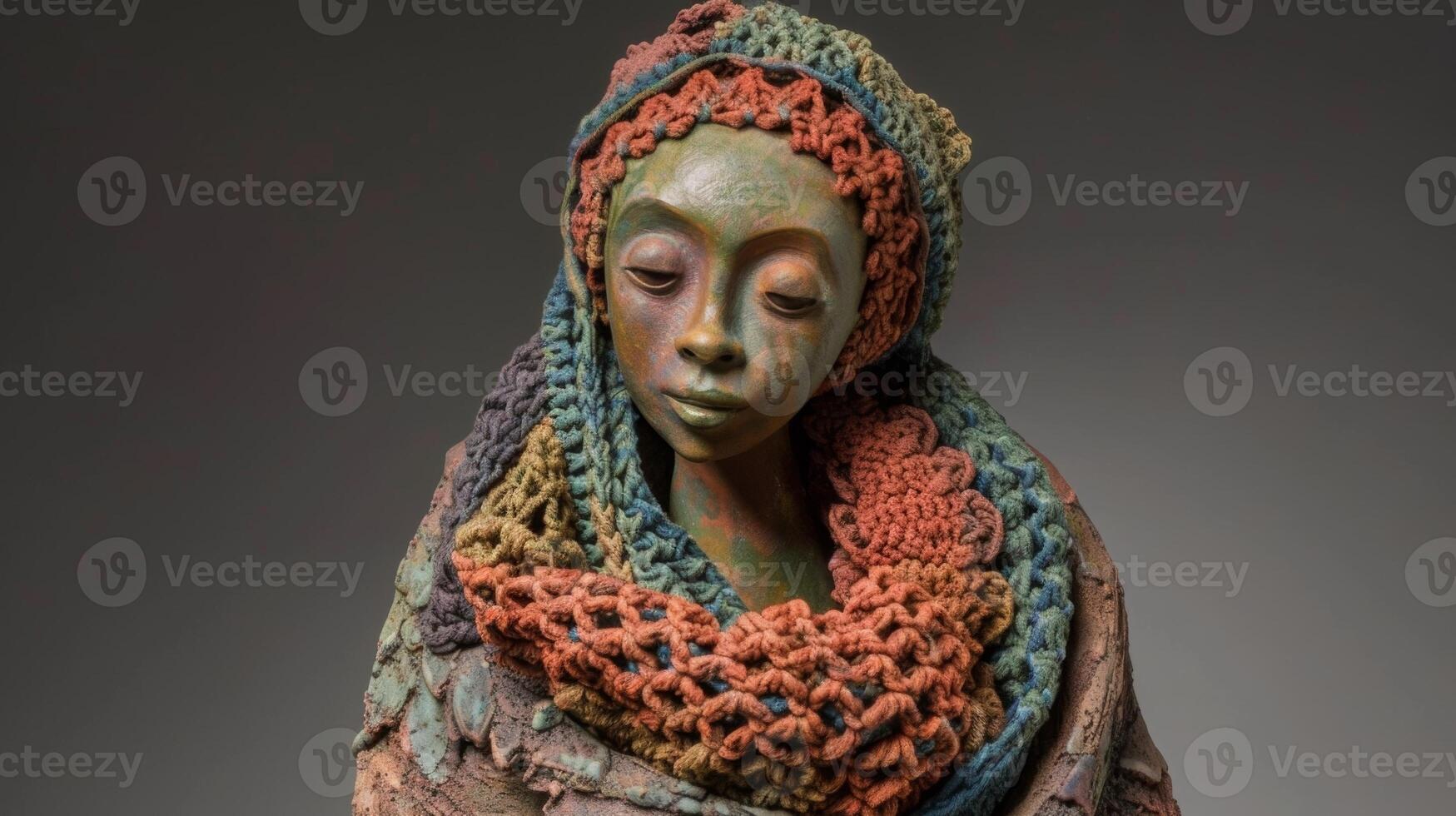 A whimsical ceramic figure adorned with a crocheted shawl showcasing the unexpected pairing of clay and fiber in art. photo