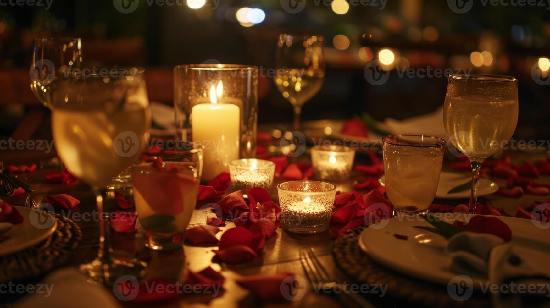 A candlelit dinner table adorned with nonalcoholic beverages and rose petals photo