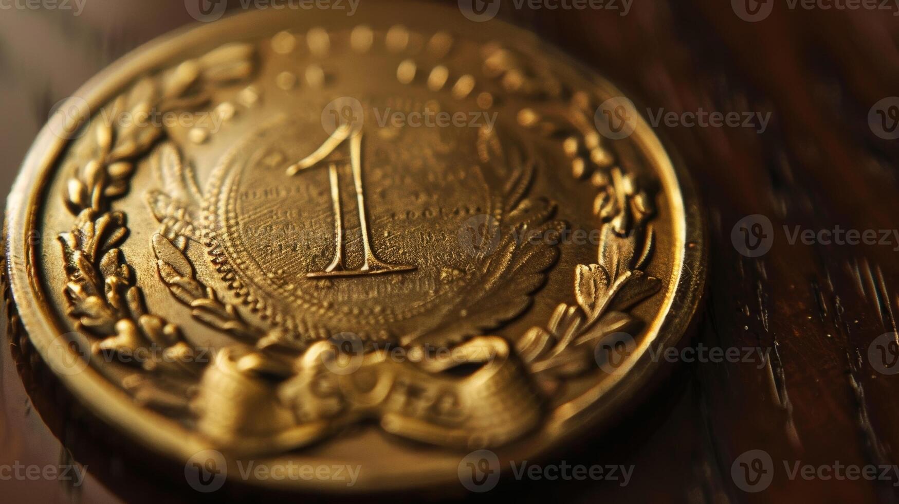 A closeup shot of a shiny gold medal with 1 Year Sober engraved on it photo