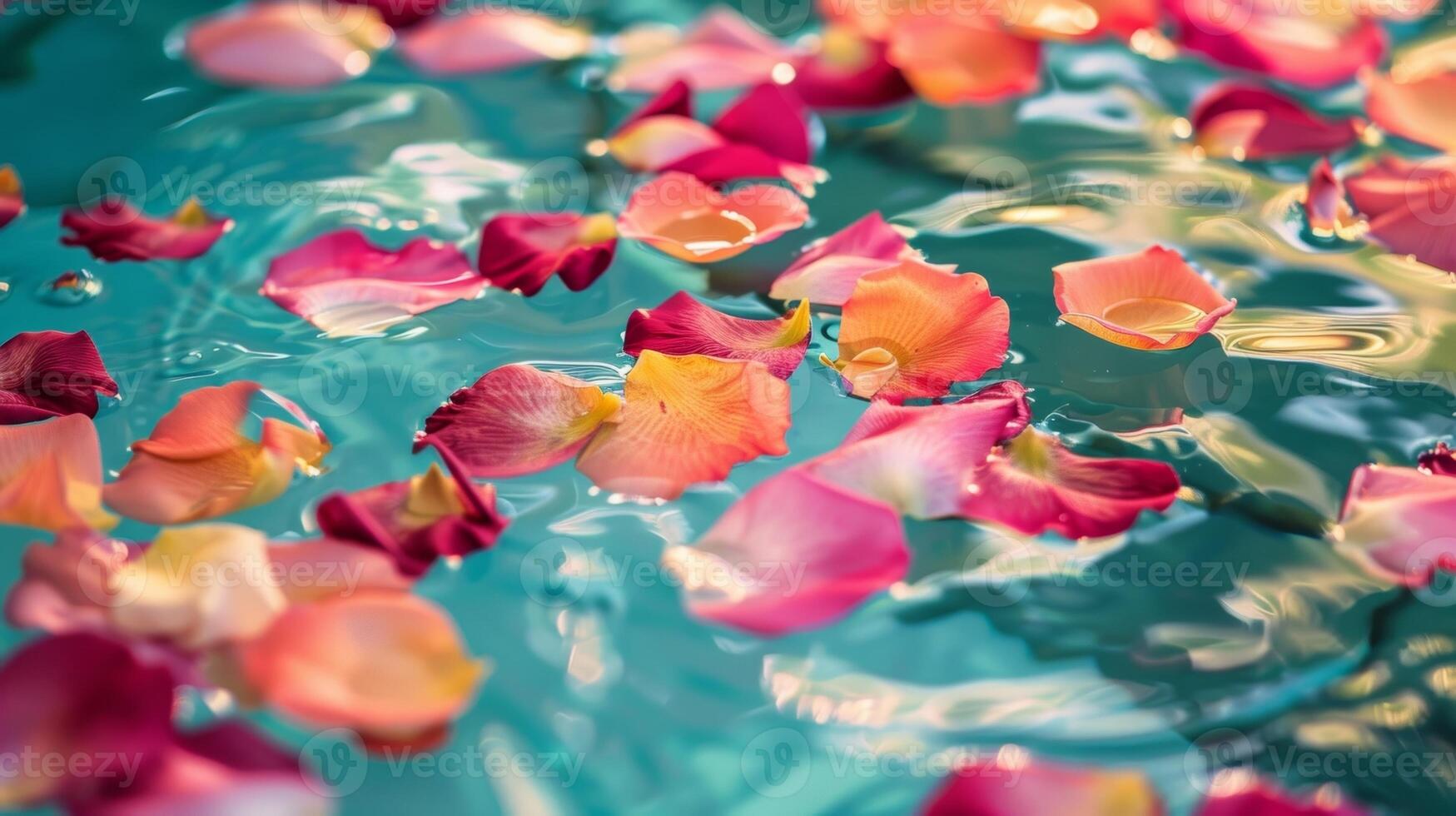 Colorful flower petals float on the surface of the water adding a touch of whimsy and romance to your spa experience. 2d flat cartoon photo