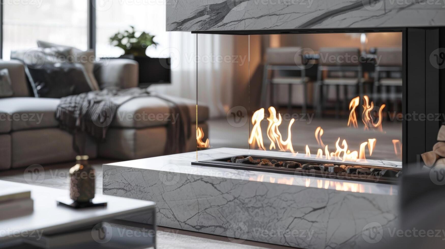 A luxurious doublesided fireplace in a modern living room with a marble surround and a sleek black metal frame. The dancing flames provide a stunning focal point to 2d flat cartoon photo