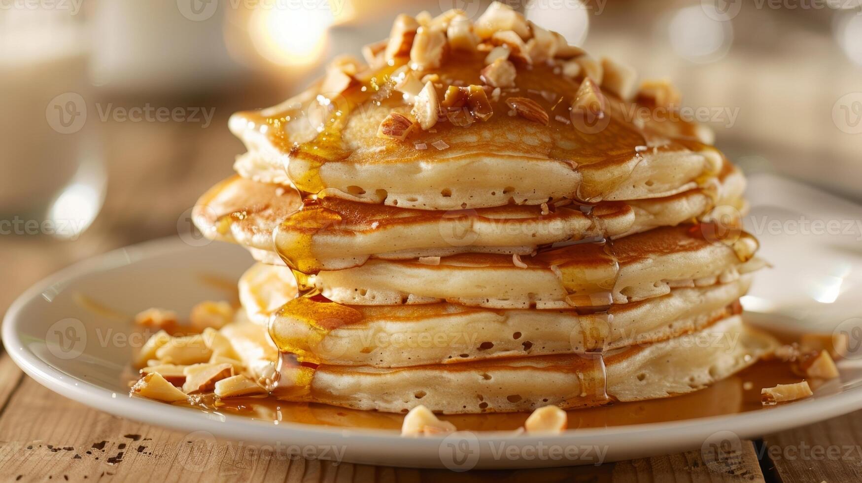 A stack of fluffy coconut pancakes drizzled with warm maple syrup and sprinkled with crunchy macadamia nuts photo